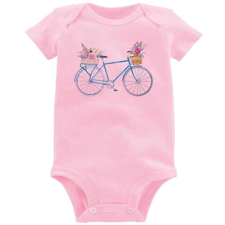 Body Bebê Bicicleta e Flores - Rosa Bebê