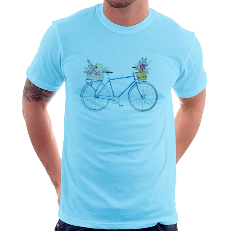 Camiseta Bicicleta e Flores - Azul Bebê