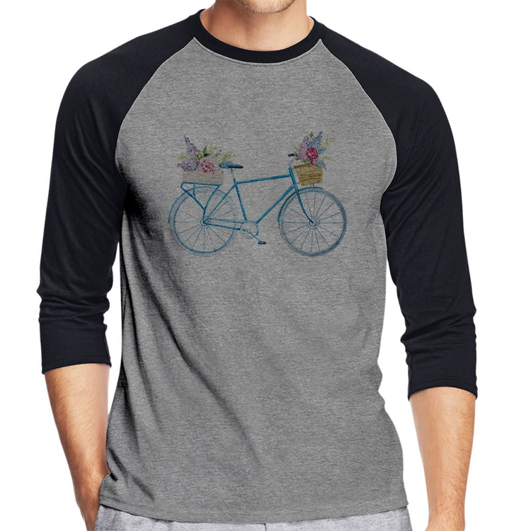 Camiseta Raglan Bicicleta e Flores Manga 3/4 - Cinza/Preto