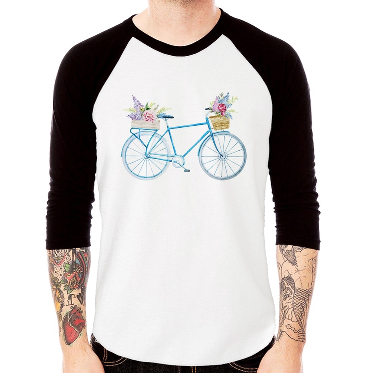 Camiseta Raglan Bicicleta e Flores Manga 3/4