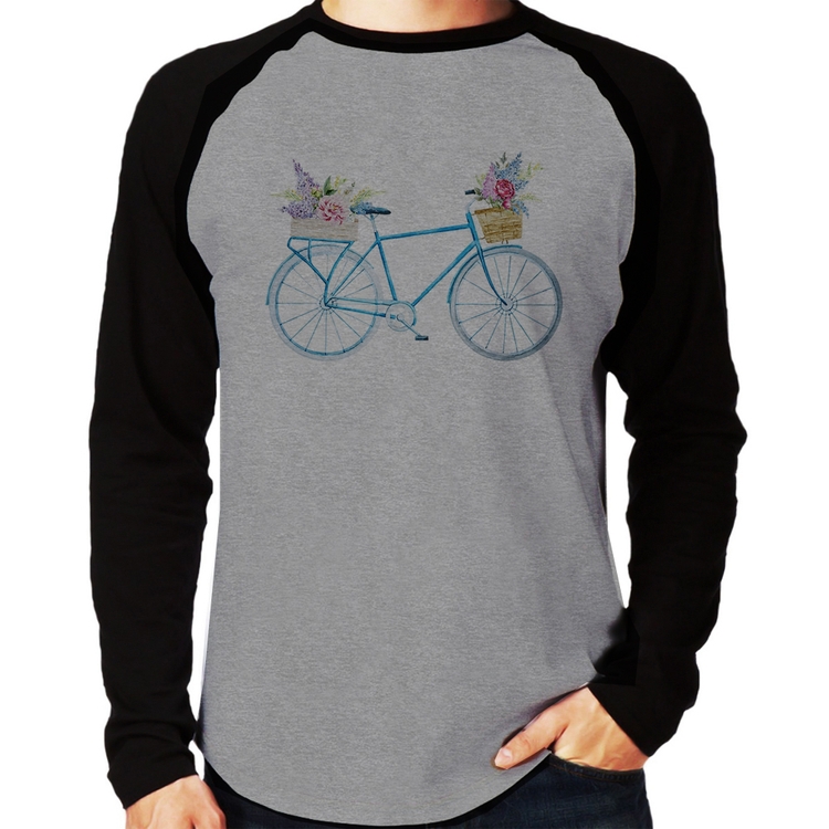 Camiseta Raglan Bicicleta e Flores Manga Longa - Cinza/Preto
