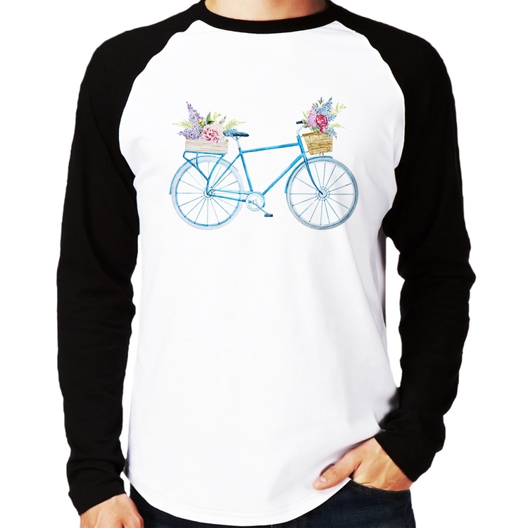 Camiseta Raglan Bicicleta e Flores Manga Longa