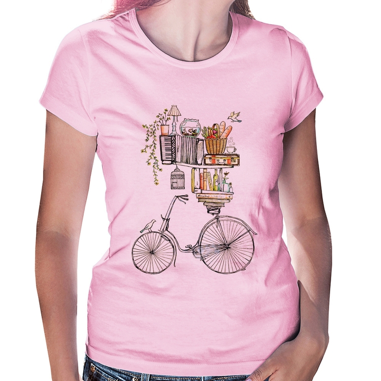 Baby Look Bicicleta e Livros - Rosa Bebê