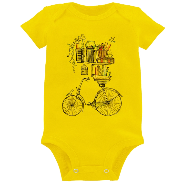 Body Bebê Bicicleta e Livros - Amarelo