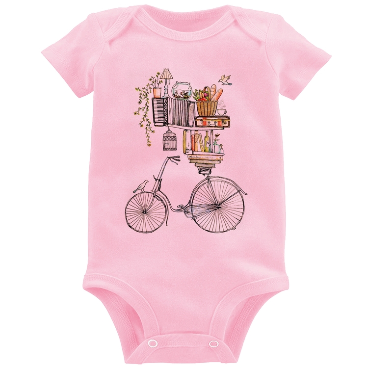 Body Bebê Bicicleta e Livros - Rosa Bebê