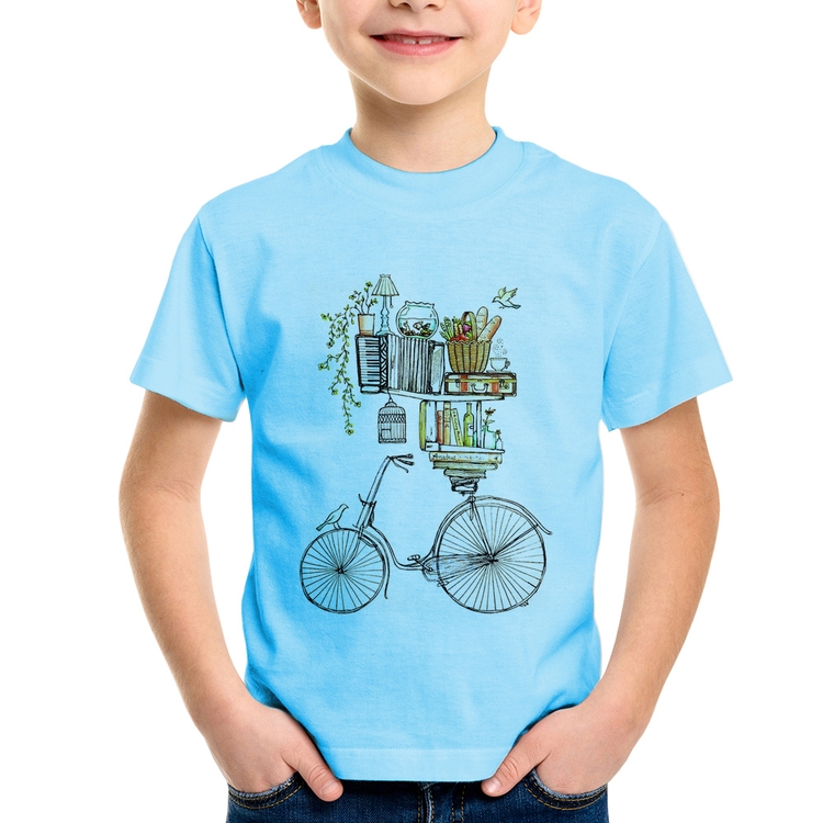 Camiseta Infantil Bicicleta e Livros - Azul Bebê