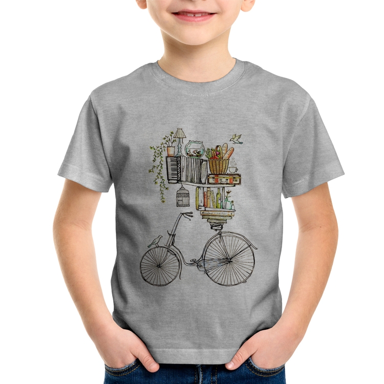 Camiseta Infantil Bicicleta e Livros - Cinza