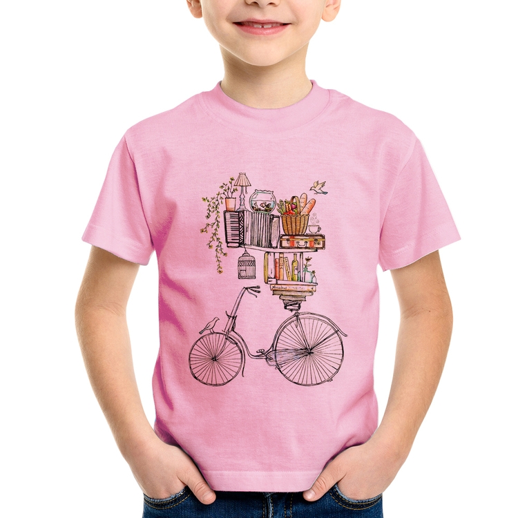 Camiseta Infantil Bicicleta e Livros - Rosa Bebê