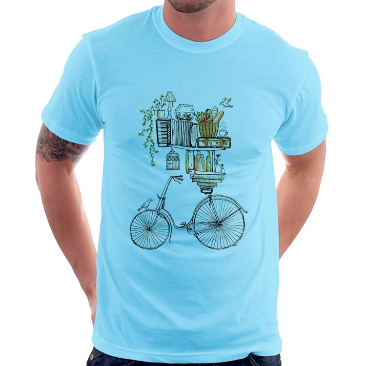 Camiseta Bicicleta e Livros - Azul Bebê