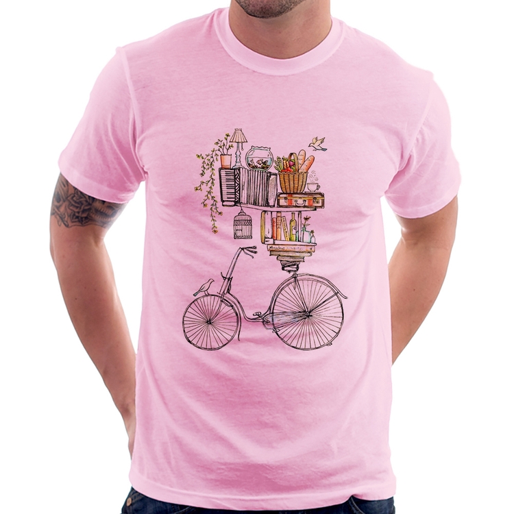 Camiseta Bicicleta e Livros - Rosa Bebê