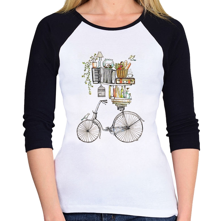Baby Look Raglan Bicicleta e Livros Manga 3/4