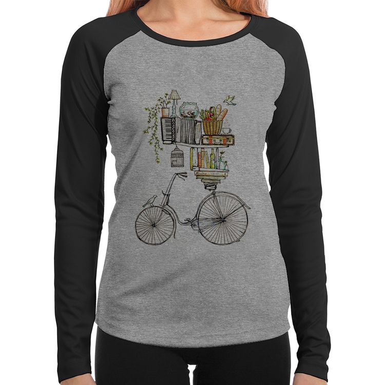 Baby Look Raglan Bicicleta e Livros Manga Longa - Cinza/Preto
