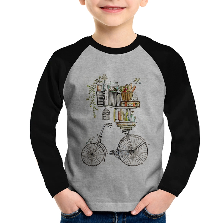Camiseta Raglan Infantil Bicicleta e Livros Manga Longa - Cinza/Preto