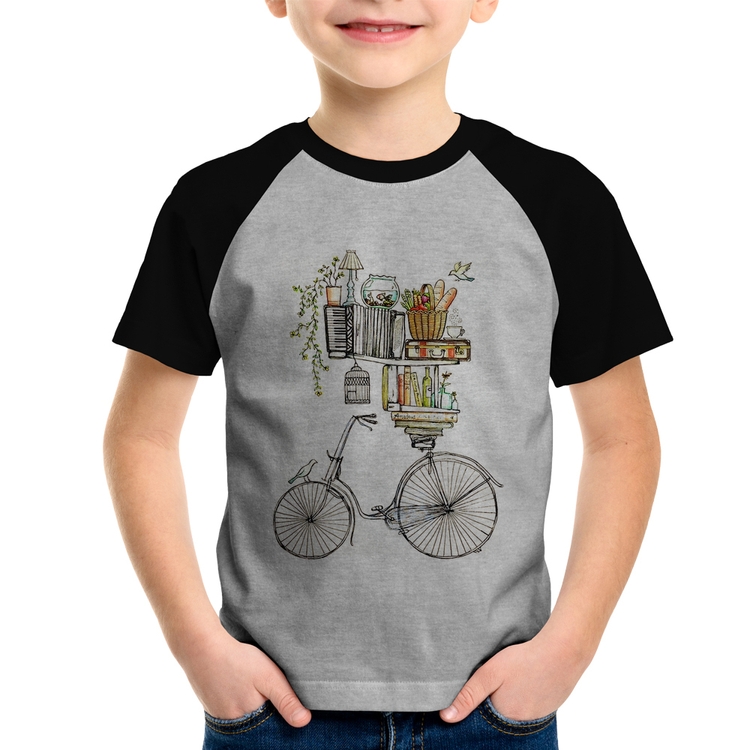 Camiseta Raglan Infantil Bicicleta e Livros - Cinza/Preto