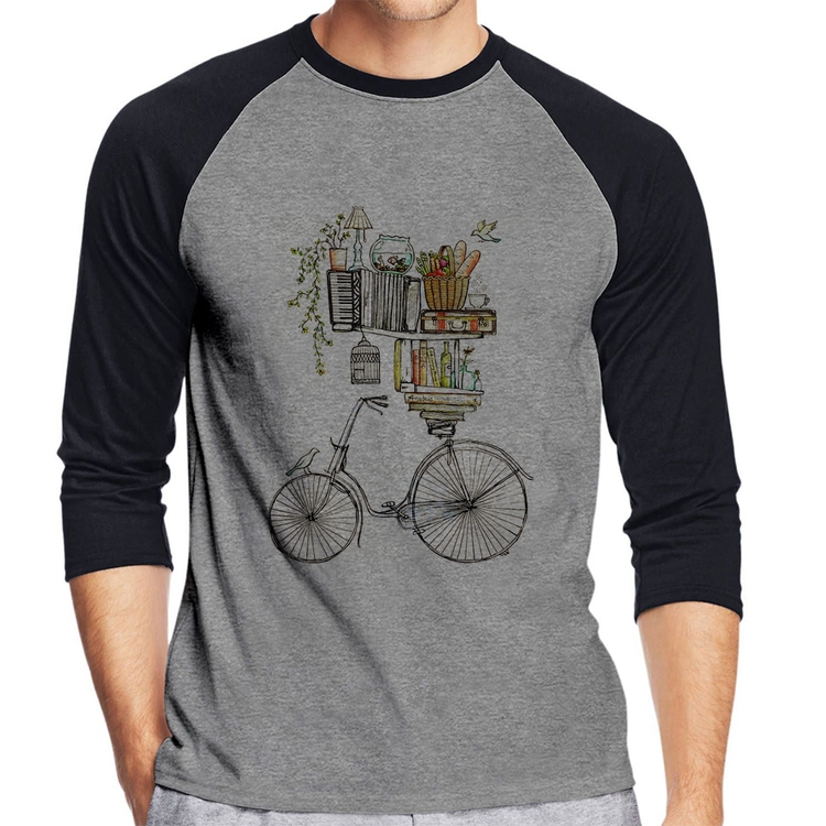 Camiseta Raglan Bicicleta e Livros Manga 3/4 - Cinza/Preto