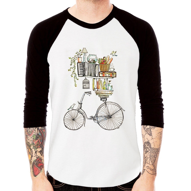 Camiseta Raglan Bicicleta e Livros Manga 3/4