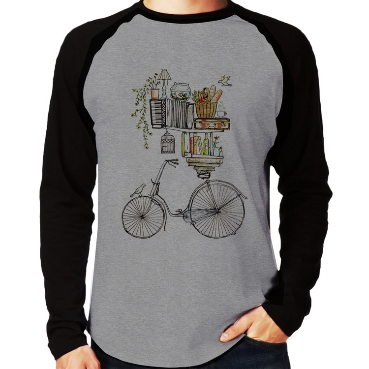 Camiseta Raglan Bicicleta e Livros Manga Longa - Cinza/Preto