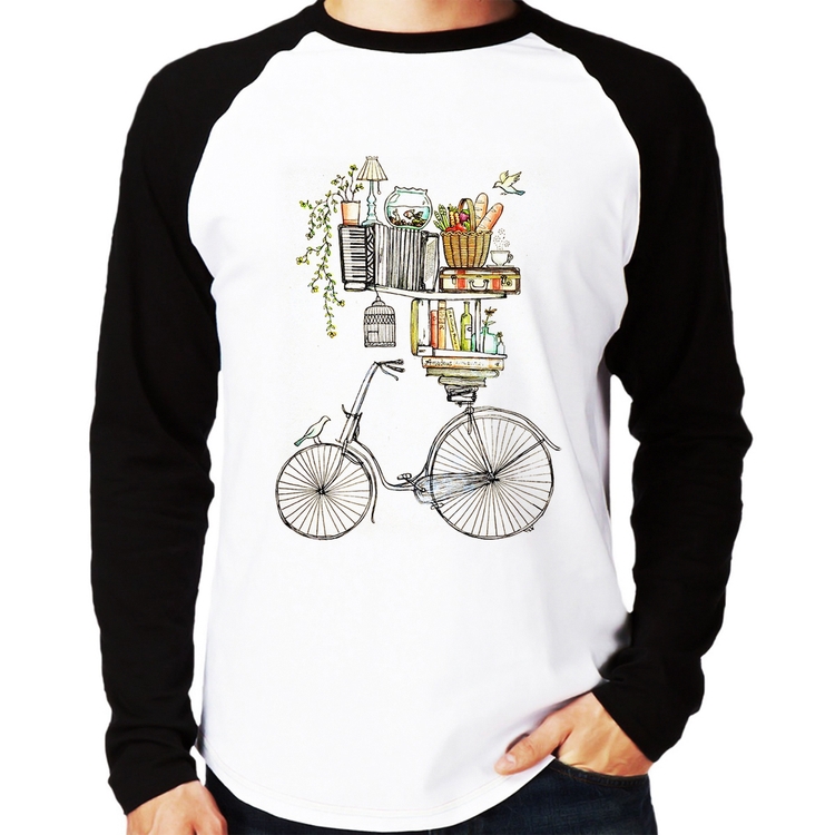 Camiseta Raglan Bicicleta e Livros Manga Longa