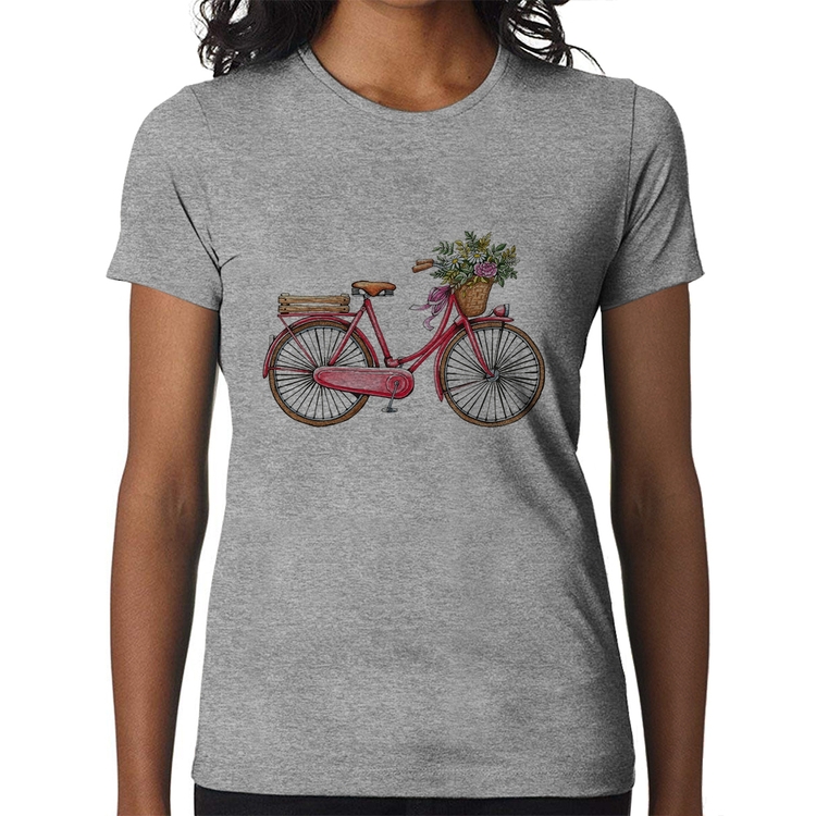 Baby Look Bicicleta Vintage Romântica - Cinza