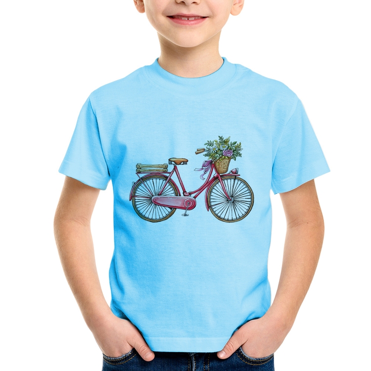 Camiseta Infantil Bicicleta Vintage Romântica - Azul Bebê