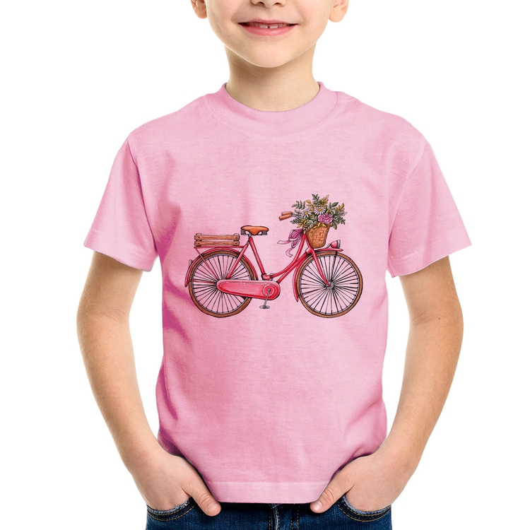 Camiseta Infantil Bicicleta Vintage Romântica - Rosa Bebê