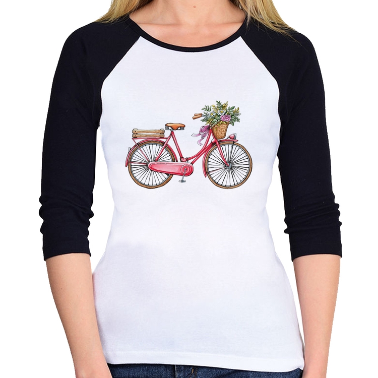 Baby Look Raglan Bicicleta Vintage Romântica Manga 3/4