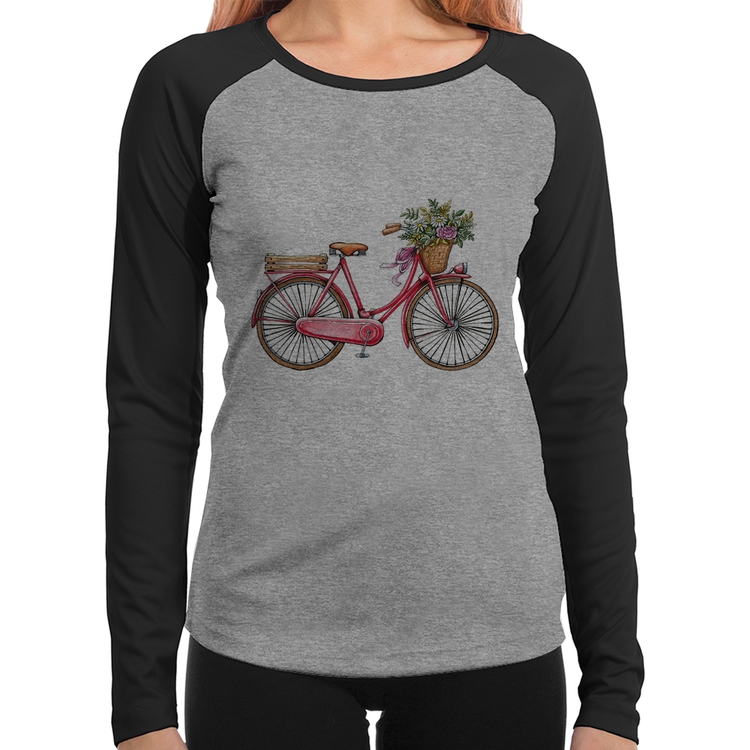 Baby Look Raglan Bicicleta Vintage Romântica Manga Longa - Cinza/Preto