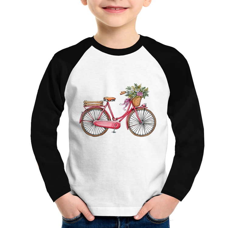 Camiseta Raglan Infantil Bicicleta Vintage Romântica Manga Longa