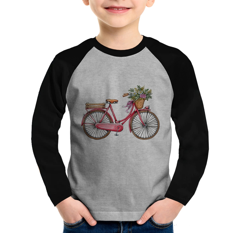 Camiseta Raglan Infantil Bicicleta Vintage Romântica Manga Longa - Cinza/Preto