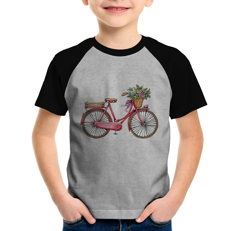 Camiseta Raglan Infantil Bicicleta Vintage Romântica - Cinza/Preto