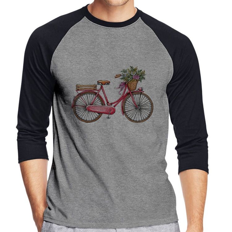 Camiseta Raglan Bicicleta Vintage Romântica Manga 3/4 - Cinza/Preto