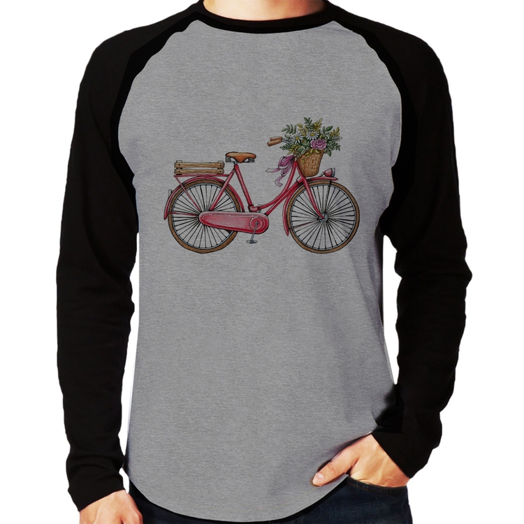 Camiseta Raglan Bicicleta Vintage Romântica Manga Longa - Cinza/Preto