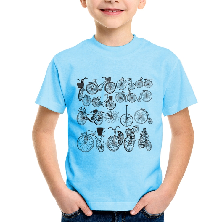 Camiseta Infantil Bicicletas antigas - Azul Bebê