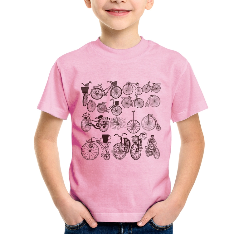 Camiseta Infantil Bicicletas antigas - Rosa Bebê