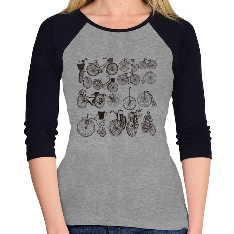 Baby Look Raglan Bicicletas antigas Manga 3/4 - Cinza/Preto
