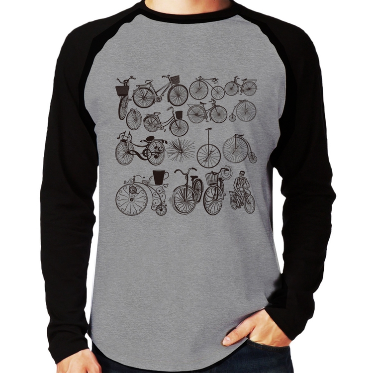 Camiseta Raglan Bicicletas antigas Manga Longa - Cinza/Preto