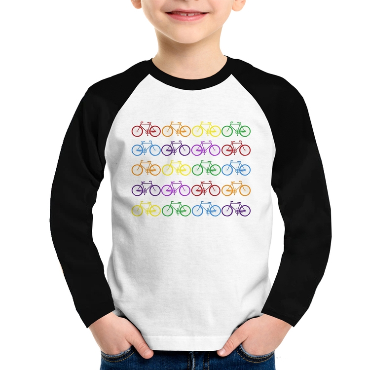 Camiseta Raglan Infantil Bicicletas Coloridas Manga Longa