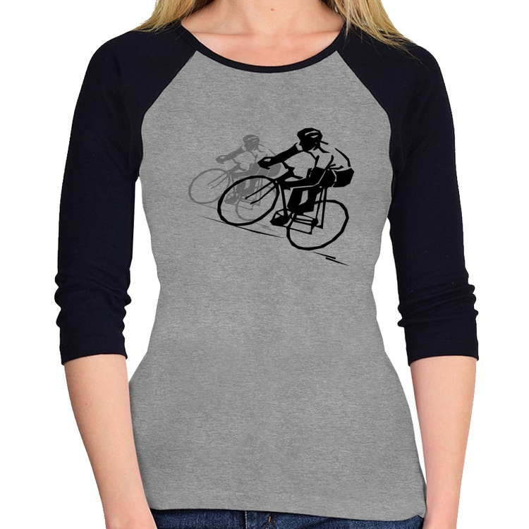Baby Look Raglan Bike Corrida Manga 3/4 - Cinza/Preto