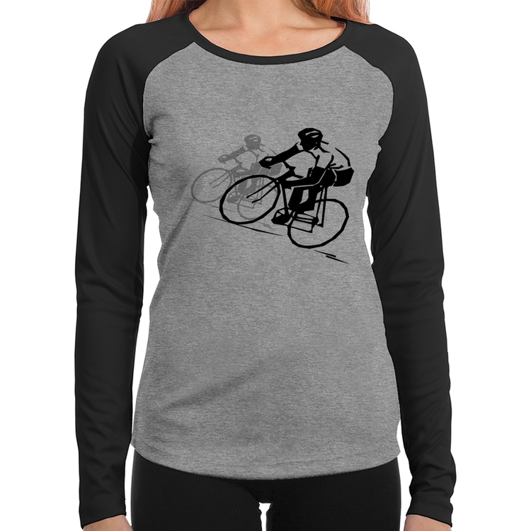 Baby Look Raglan Bike Corrida Manga Longa - Cinza/Preto