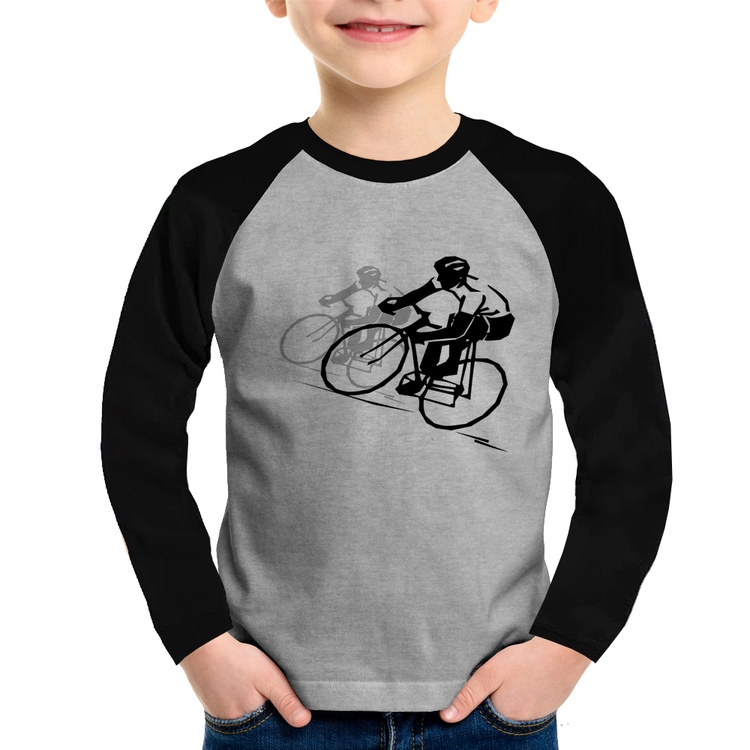 Camiseta Raglan Infantil Bike Corrida Manga Longa - Cinza/Preto