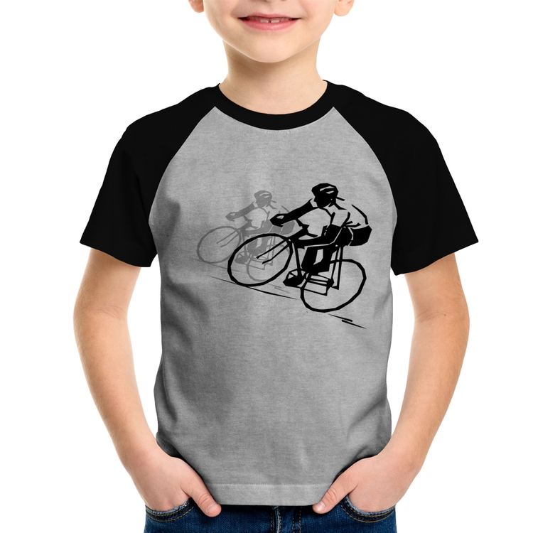 Camiseta Raglan Infantil Bike Corrida - Cinza/Preto