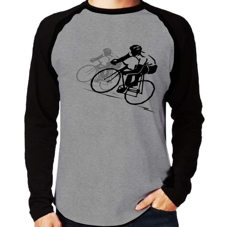 Camiseta Raglan Bike Corrida Manga Longa - Cinza/Preto