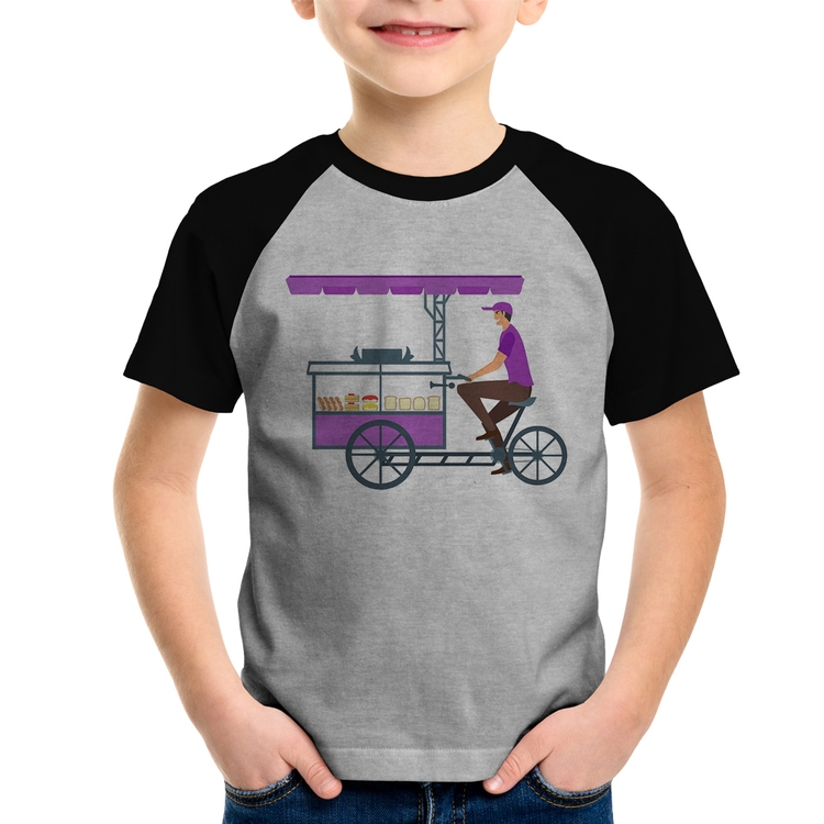 Camiseta Raglan Infantil Bike Food - Cinza/Preto