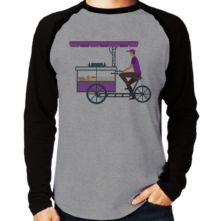 Camiseta Raglan Bike Food Manga Longa - Cinza/Preto