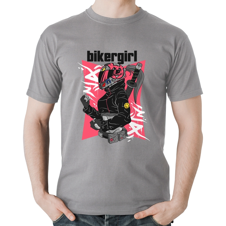 Camiseta Algodão Biker Girl - Cinza