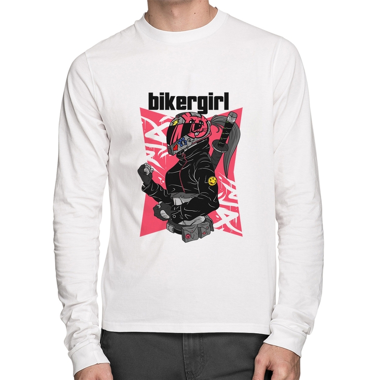 Camiseta Algodão Biker Girl Manga Longa - Branca