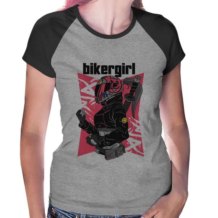 Baby Look Raglan Biker Girl - Cinza/Preto