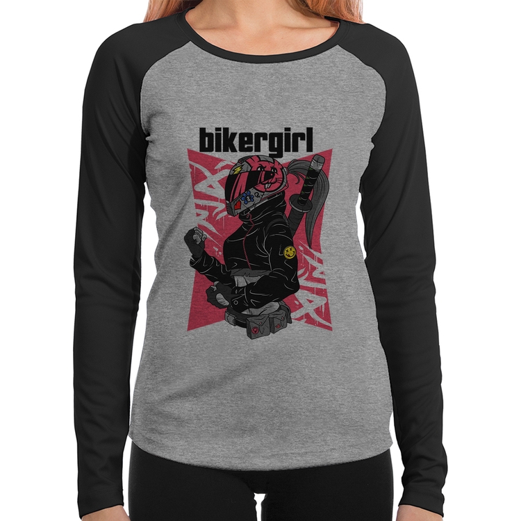 Baby Look Raglan Biker Girl Manga Longa - Cinza/Preto