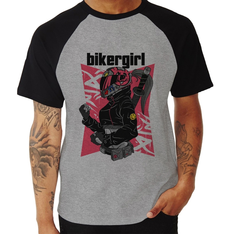 Camiseta Raglan Biker Girl - Cinza/Preto