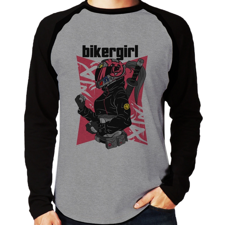 Camiseta Raglan Biker Girl Manga Longa - Cinza/Preto